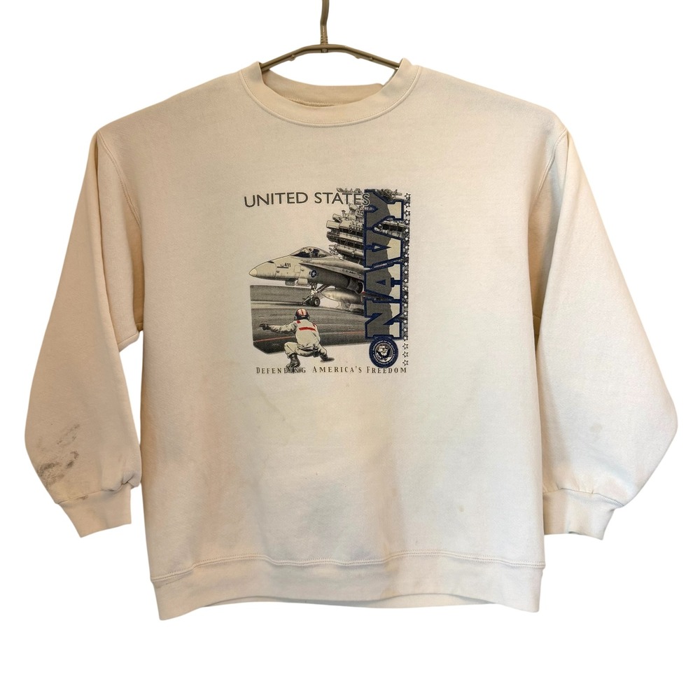 VTG US Navy Graphic Sweatshirt‎ Cream Crewneck Military Jet Large Y2K READ